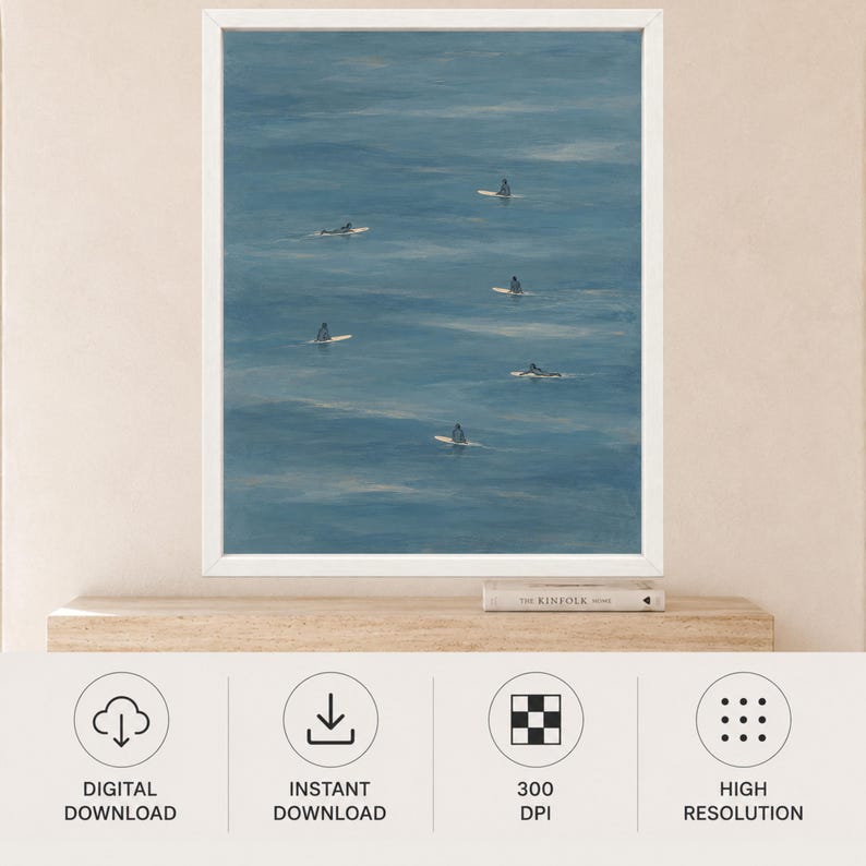 Minimalist Surfers Ocean Print, Muted Blue Coastal Wall Art (Digital Download) image 10