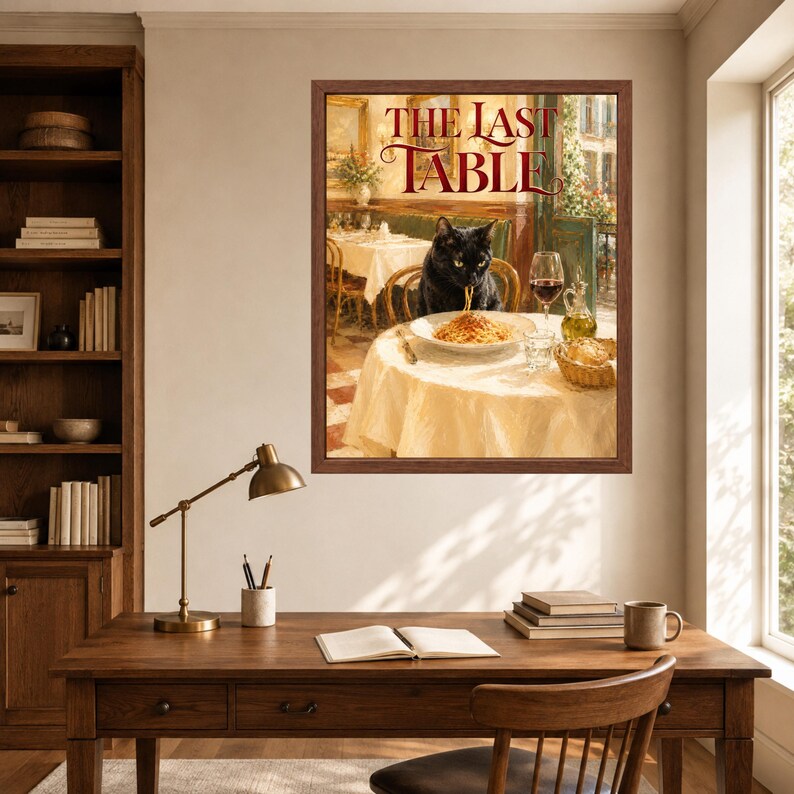 Pu&ograve; includere: Una stampa artistica incorniciata intitolata THE LAST TABLE che raffigura un gatto nero seduto a un tavolo rotondo coperto da una tovaglia bianca, mentre mangia un piatto di spaghetti. Un calice di vino e un cestino di pane sono sul tavolo.
