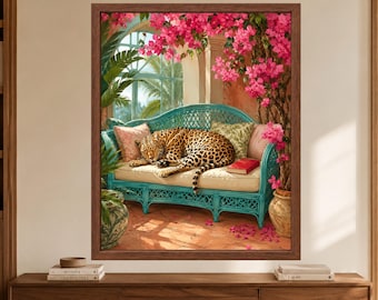 Leopard Wall Art, Tropical Jungle Poster, Big Cat Print, Botanical Boho Decor, Digital Download