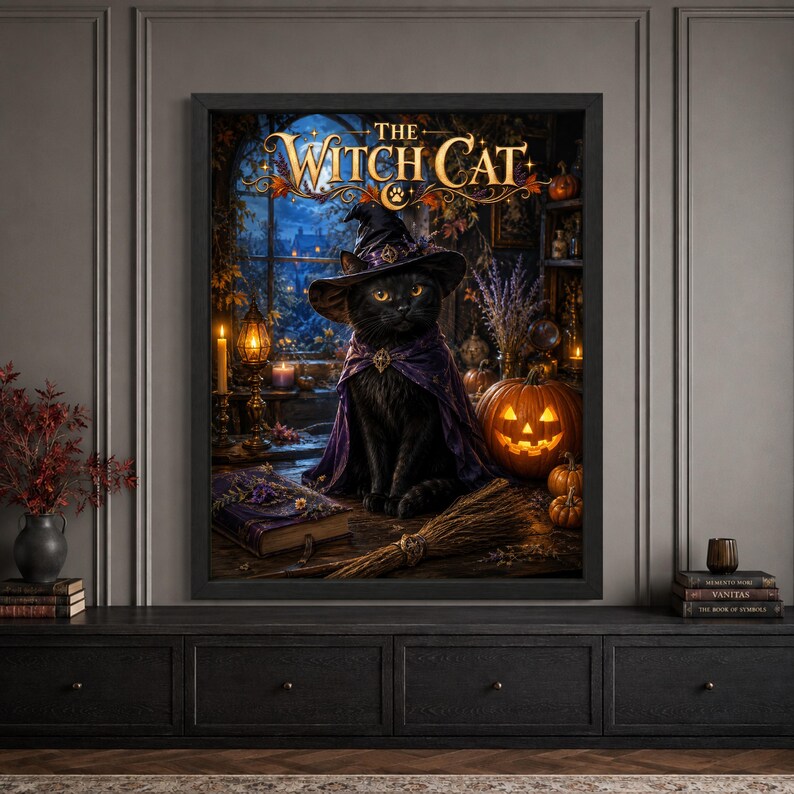 Framed black cat Halloween wall art featuring a witch cat in a pointed hat and purple cloak beside a glowing jack-o’-lantern, candles, pumpkins, spellbooks and broom, with ornate “The Witch Cat” typography and a moonlit gothic interior.