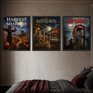 May include: A set of three framed wall art prints featuring dark, atmospheric scenes. The first shows a scarecrow in a pumpkin field titled Harvest of Shadows. The second depicts a motel at night titled The Haunted Motel. The third shows a covered bridge titled The Red Bridge.