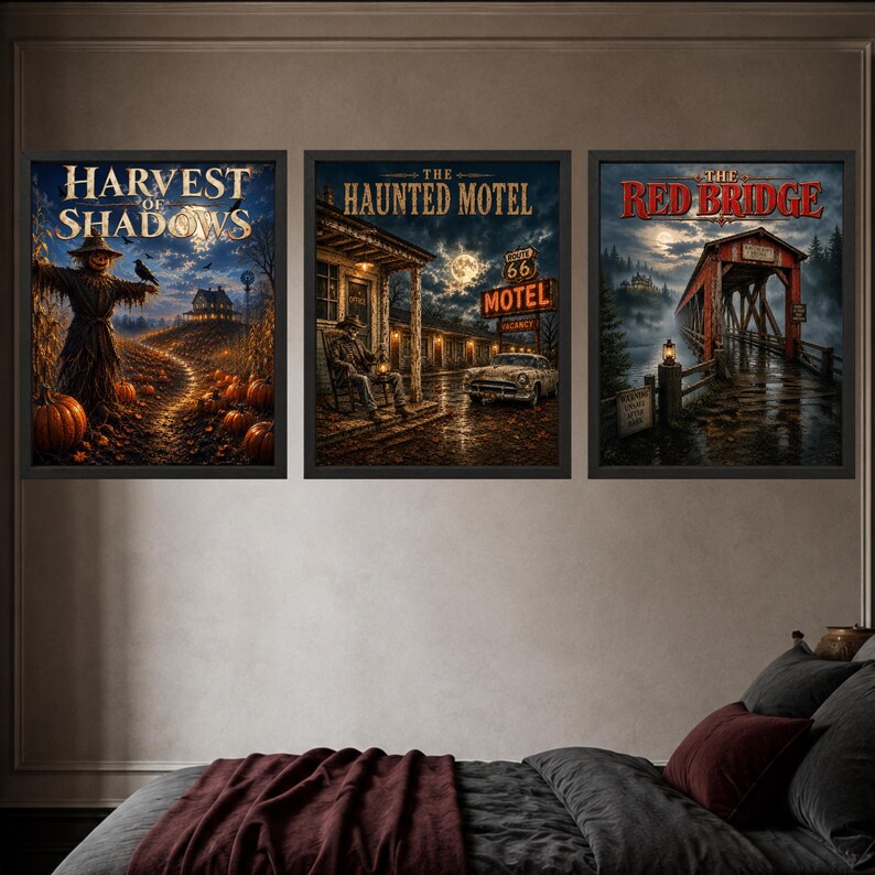 May include: A set of three framed wall art prints featuring dark, atmospheric scenes. The first shows a scarecrow in a pumpkin field titled Harvest of Shadows. The second depicts a motel at night titled The Haunted Motel. The third shows a covered bridge titled The Red Bridge.