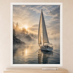May include: A framed wall art print depicting a sailboat on calm water during a misty sunrise. A lighthouse stands on a rocky, tree-lined shore in the background. The scene features soft golden light, gentle fog, and a few birds in the sky.