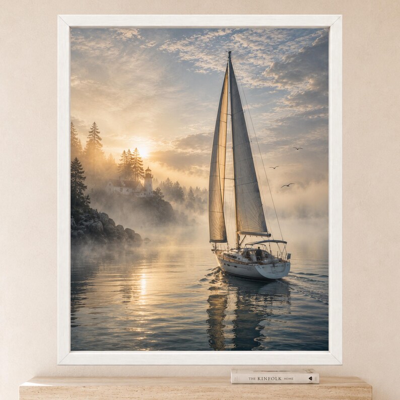 May include: A framed wall art print depicting a sailboat on calm water during a misty sunrise. A lighthouse stands on a rocky, tree-lined shore in the background. The scene features soft golden light, gentle fog, and a few birds in the sky.