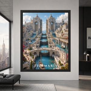 Framed Tidemaris fantasy city wall art showing two monumental tidal gates above turquoise canals, arched bridges, white stone palaces, waterfalls and sailing boats in an imagined coastal kingdom.
