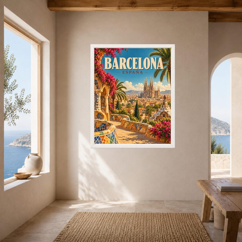 May include: A framed travel poster featuring a vibrant illustration of Barcelona, Spain. The artwork displays the Sagrada Familia in the distance, framed by colorful mosaic tile structures, bright pink bougainvillea, and palm trees under a blue sky.