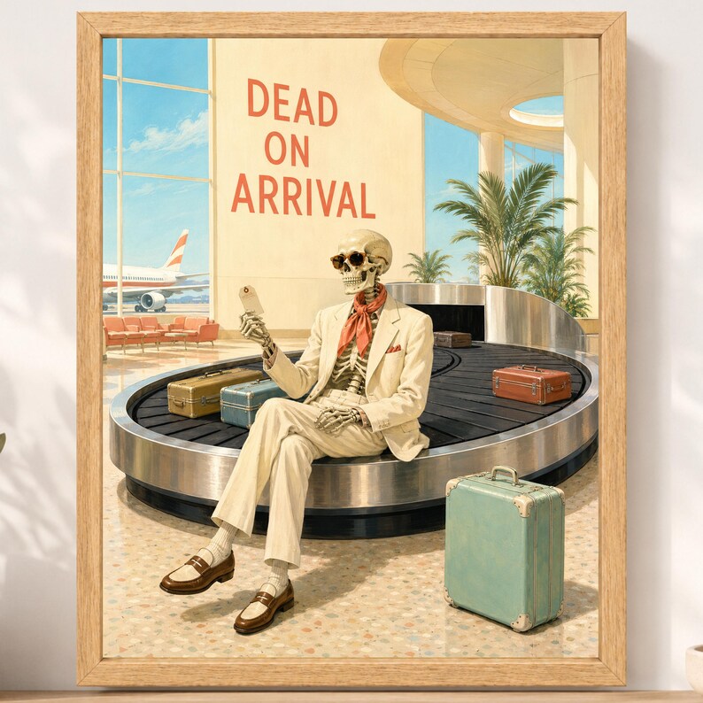 Puede incluir: Una impresi&oacute;n art&iacute;stica enmarcada que muestra un esqueleto con traje beige, gafas de sol y bufanda naranja, sentado en una cinta transportadora de equipaje de aeropuerto. El texto DEAD ON ARRIVAL aparece en naranja sobre el esqueleto.