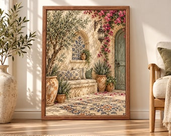 Mediterranean Olive Tree Courtyard Print, Bougainvillea Tuscan Villa Art (Digital Download)