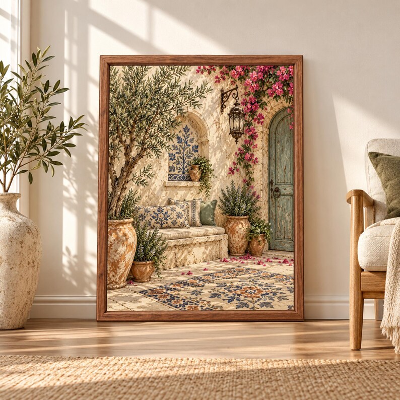 Framed Mediterranean courtyard wall art featuring an olive tree, turquoise rustic door, pink bougainvillea, terracotta pots, blue tile details and warm sunlit stone architecture.