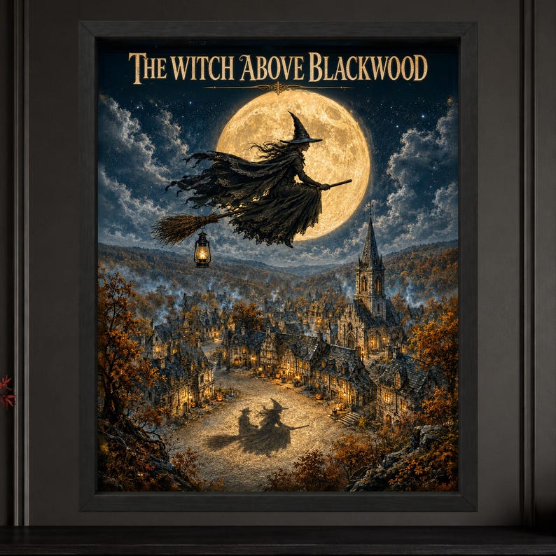 K&ouml;nnte beinhalten: Ein gerahmter Kunstdruck mit dem Titel THE WITCH ABOVE BLACKWOOD, der eine Hexe auf einem Besen vor einem gro&szlig;en Vollmond &uuml;ber einem Dorf zeigt. Eine Laterne h&auml;ngt am Besen und der Schatten einer Hexe ist auf dem Boden zu sehen.