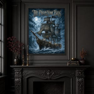 May include: A framed wall art print titled The Phantom Brig, depicting a dark, weathered sailing ship with tattered black sails navigating turbulent, stormy seas under a bright full moon, set against a deep blue, cloudy night sky.