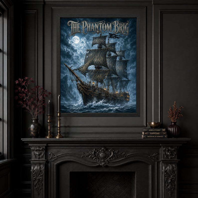 May include: A framed wall art print titled The Phantom Brig, depicting a dark, weathered sailing ship with tattered black sails navigating turbulent, stormy seas under a bright full moon, set against a deep blue, cloudy night sky.