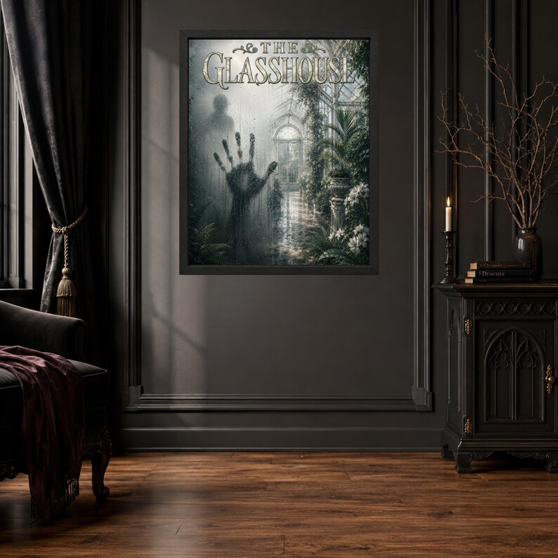 May include: A framed wall art print titled THE GLASSHOUSE featuring a dark, misty greenhouse scene with a prominent handprint on the glass, surrounded by lush green foliage, white flowers, and a shadowy figure in a moody, atmospheric setting.
