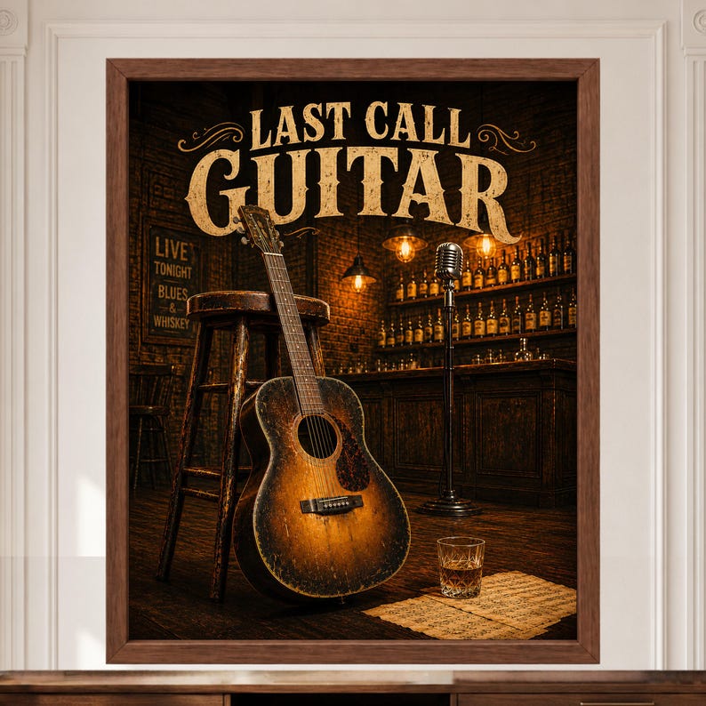 May include: A framed wall art print titled LAST CALL GUITAR featuring a weathered acoustic guitar leaning against a wooden stool in a dimly lit bar. A microphone on a stand, a glass of amber liquid, and sheet music are visible on the floor.