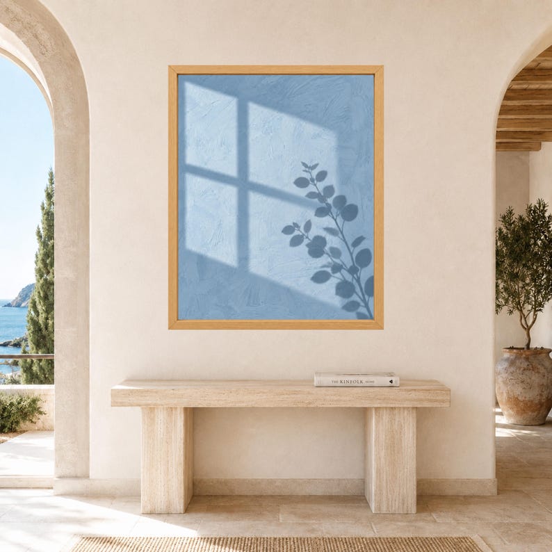 Dusty Blue Botanical Shadow Print, Minimalist Leaf Window Art (Digital Download) image 9