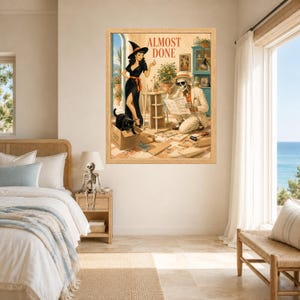 May include: A framed wall art print titled ALMOST DONE featuring a woman in a black dress and witch hat standing next to a skeleton wearing a hat and sunglasses. The skeleton is reading instructions while assembling furniture in a room.