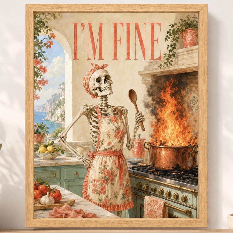 May include: A framed wall art print featuring a skeleton wearing a floral apron and holding a wooden spoon. The text I'M FINE is printed at the top. A large copper pot with bright orange flames sits on a stove. A coastal landscape is visible.