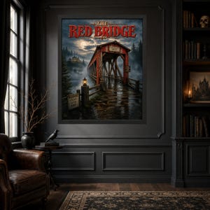 K&ouml;nnte beinhalten: Ein gerahmter Kunstdruck mit dem Titel The Red Bridge, der eine verwitterte rote &uuml;berdachte Br&uuml;cke &uuml;ber einem nebligen Fluss bei Nacht zeigt. Die Szene umfasst eine leuchtende Laterne, ein Warnschild und ein entferntes Haus unter dem Vollmond.