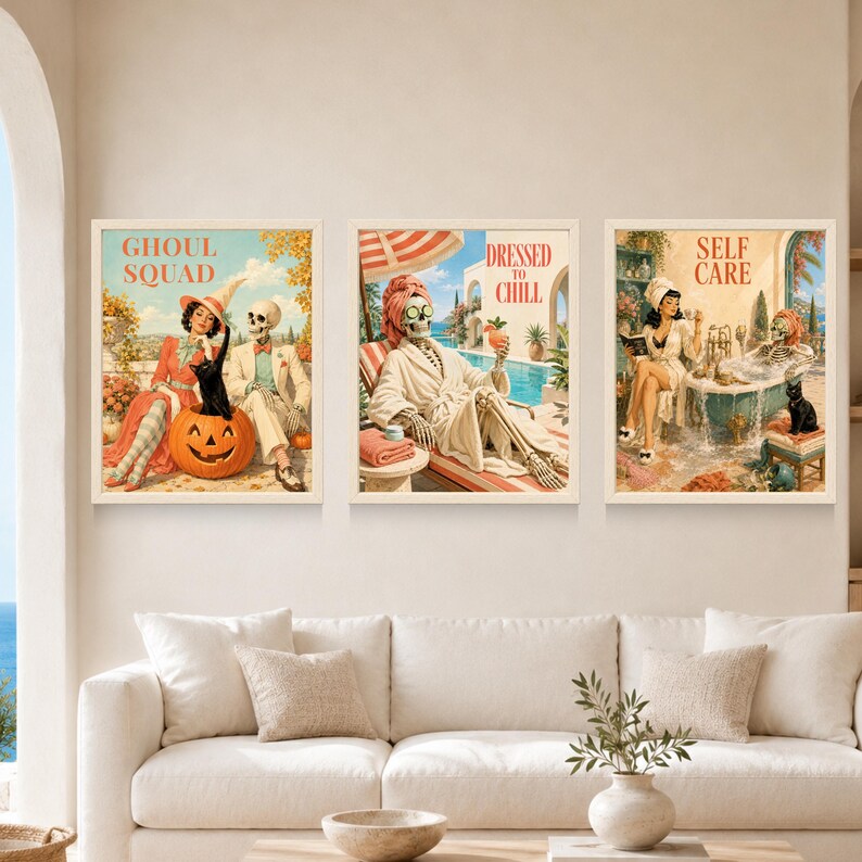 May include: Three framed wall art prints featuring vintage-style illustrations of skeletons and a woman. The left print says GHOUL SQUAD, the middle says DRESSED TO CHILL, and the right says SELF CARE, depicting scenes with a pumpkin, pool, and bathtub.