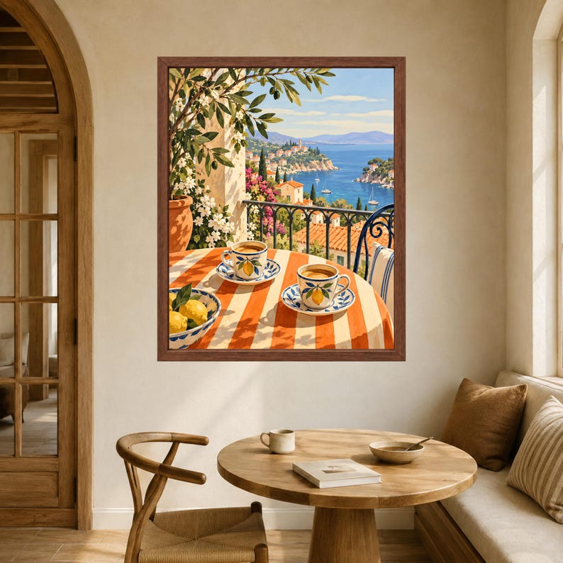 Mediterranean Coffee Print, Italian Coastal Cafe Art, Lemon Espresso Poster (Digital Download) image 5