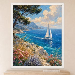 May include: A framed oil painting depicting a white sailboat on a vibrant blue sea. The foreground features rocky cliffs covered in pink flowers and tall grasses, with a large tree branch overhead against a bright blue sky with white clouds.
