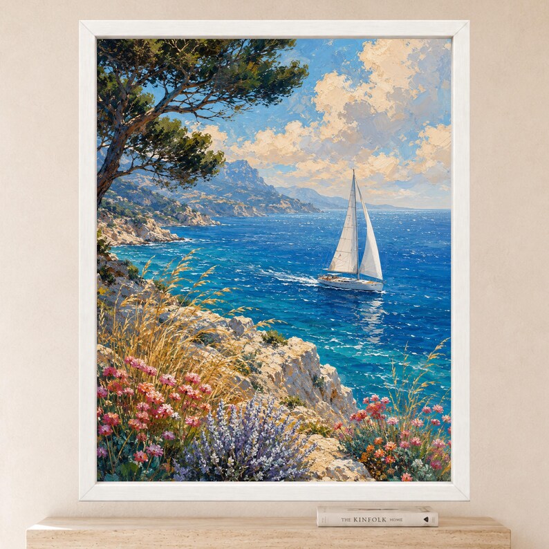 May include: A framed oil painting depicting a white sailboat on a vibrant blue sea. The foreground features rocky cliffs covered in pink flowers and tall grasses, with a large tree branch overhead against a bright blue sky with white clouds.