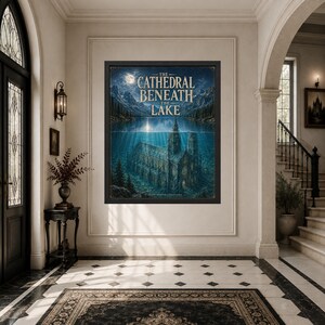May include: A framed rectangular wall art print titled The Cathedral Beneath The Lake, depicting a gothic cathedral submerged in deep blue water beneath a mountain landscape, a full moon, and a starry night sky, enclosed in a black frame.