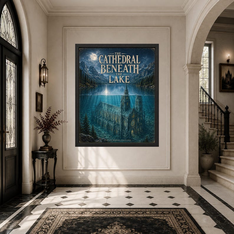May include: A framed rectangular wall art print titled The Cathedral Beneath The Lake, depicting a gothic cathedral submerged in deep blue water beneath a mountain landscape, a full moon, and a starry night sky, enclosed in a black frame.