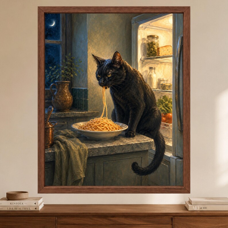 May include: A framed wall art print depicting a black cat sitting on a kitchen counter, eating spaghetti from a white bowl. The scene includes an open refrigerator with food items, a window showing a crescent moon, and a brown pitcher.