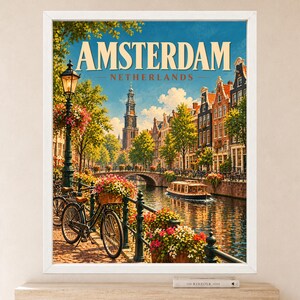 Amsterdam Travel Poster, Netherlands Wall Art, Canal Bicycle Print, Dutch City Decor, Digital Download image 2