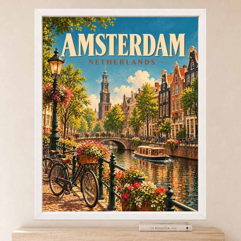 Amsterdam Travel Poster, Netherlands Wall Art, Canal Bicycle Print, Dutch City Decor, Digital Download image 2