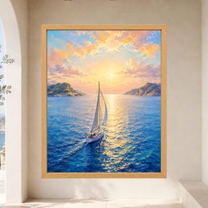 May include: A framed wall art print depicting a sailboat navigating calm blue waters during a golden sunset. The scene features a bright sun low on the horizon, soft orange and pink clouds, and distant rocky coastlines on both sides of the sea.
