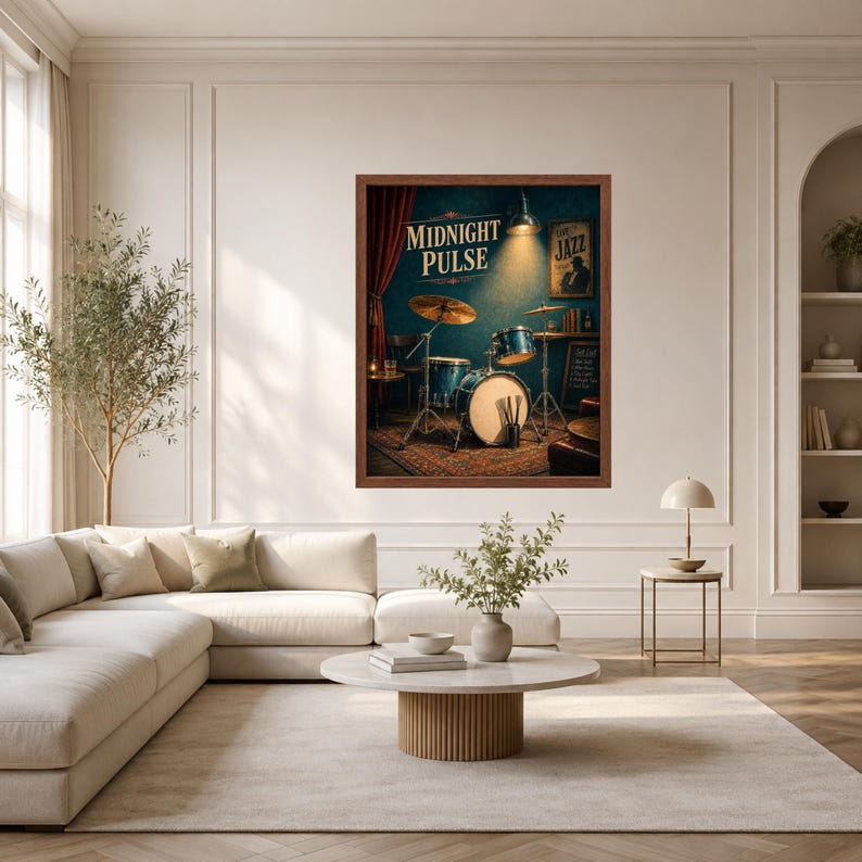 May include: A framed wall art print featuring a drum kit in a dimly lit room with a dark blue wall, red curtains, and a rug. The text "MIDNIGHT PULSE" is displayed in white lettering above the drums, with a small "LIVE JAZZ" sign on the wall.