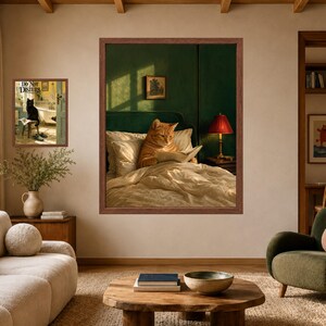 Cat Reading Wall Art, Orange Tabby in Bed, Whimsical Book Lover Print, Digital Download image 3