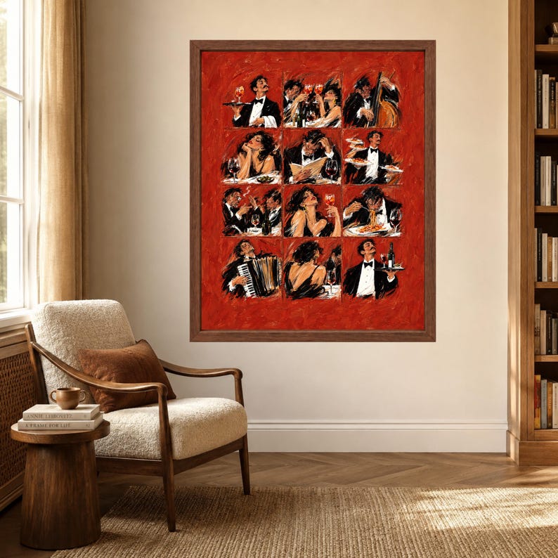 Italian Dining Scene Print, Red Restaurant Art, Wine Pasta Poster (Digital Download) image 3