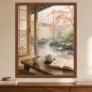 May include: A framed wall art print depicting a wooden table on a porch with a ceramic teapot, a tea cup, and an open book. The scene overlooks a rainy garden with a stone basin, bamboo, and red maple leaves, all enclosed in a dark wood frame.