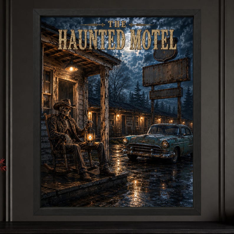May include: A framed wall art print titled THE HAUNTED MOTEL featuring a skeleton in a cowboy hat sitting on a porch in a rocking chair holding a glowing lantern. A vintage teal car is parked on a wet pavement under a full moon and night sky.