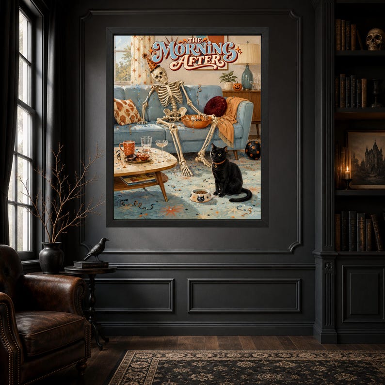 May include: A framed wall art print titled The Morning After, featuring a skeleton wearing a party hat sitting on a blue sofa with a black cat sitting on the floor in front of a coffee table with a bowl of snacks and a drink.