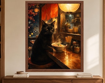 Black Cat Ramen Wall Art, Japanese Noodle Bar Poster, Funny Kitchen Print, Digital Download