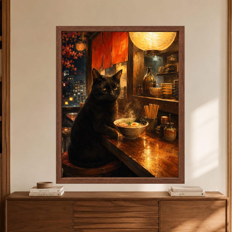 Framed black cat ramen wall art showing a black cat seated at a wooden Japanese noodle bar beside a steaming ramen bowl, under warm paper lanterns with red shop curtains and city lights outside.