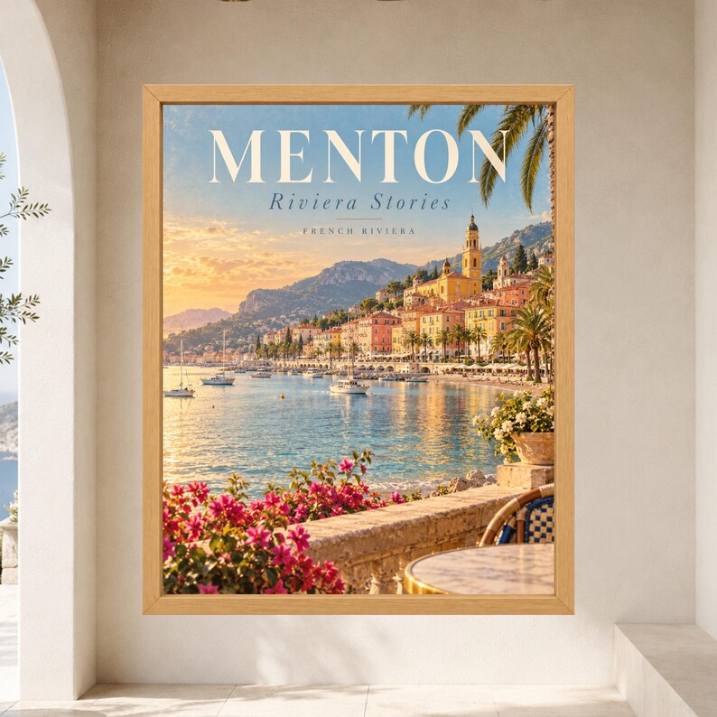 May include: A framed wall art print featuring a coastal scene of Menton on the French Riviera. The image displays a harbor with boats, colorful buildings, mountains, and bright pink bougainvillea flowers in the foreground. Text reads MENTON.