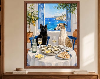 Greyhound Wall Art, Oyster Dinner Print, Black Cat Poster, Mediterranean Coastal Decor, Digital Download
