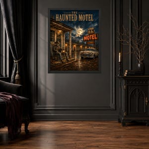 May include: A framed wall art print titled The Haunted Motel, depicting a dark, nocturnal scene with a full moon, a vintage car, a neon Route 66 motel sign, and a figure sitting in a rocking chair on a porch under a stormy, cloudy sky.