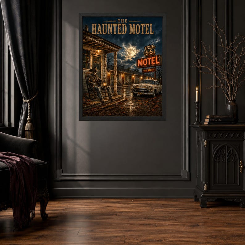 May include: A framed wall art print titled The Haunted Motel, depicting a dark, nocturnal scene with a full moon, a vintage car, a neon Route 66 motel sign, and a figure sitting in a rocking chair on a porch under a stormy, cloudy sky.