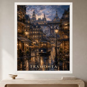 Puede incluir: Una impresi&oacute;n art&iacute;stica enmarcada que muestra un tranv&iacute;a azul en una calle adoquinada mojada al atardecer, rodeado de edificios ornamentados con ventanas iluminadas, un puente arqueado y el texto TRAMONTA City of the Endless Evening abajo.