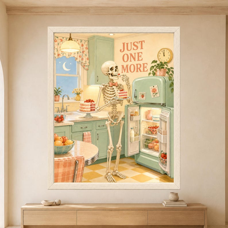 Framed Just One More skeleton wall art featuring a bow-tie skeleton eating strawberry cake beside an open mint green refrigerator in a pastel retro kitchen at night.