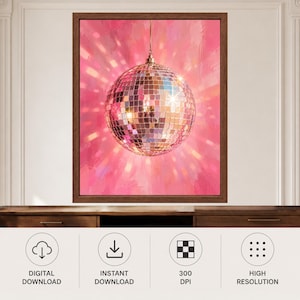 Pink Disco Ball Wall Art, Mirror Ball Poster, Retro Music Room Decor, Digital Download image 11