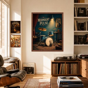 May include: A framed wall art print titled Midnight Pulse featuring a drum kit in a dimly lit room with red curtains, a cymbal, and a small lamp. Two smaller framed prints are displayed to the left, one showing a guitar and the other a record store.