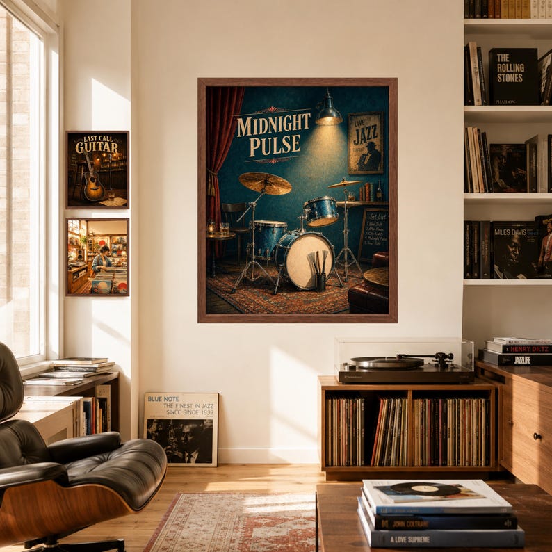 May include: A framed wall art print titled Midnight Pulse featuring a drum kit in a dimly lit room with red curtains, a cymbal, and a small lamp. Two smaller framed prints are displayed to the left, one showing a guitar and the other a record store.