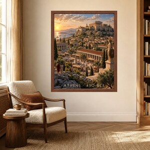 May include: A framed wall art print depicting an ancient cityscape of Athens at sunset. The scene features the Parthenon atop a hill, a bustling marketplace with classical architecture, and a statue in the foreground. The text reads ATHENS 430 BCE.